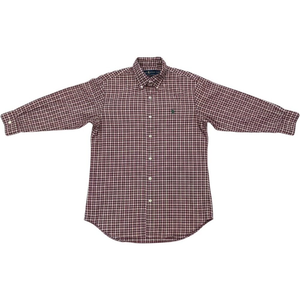 Ralph Lauren Plaid Button Down Shirt Mens L Burgundy Slim Fit Long Sleeve Pony